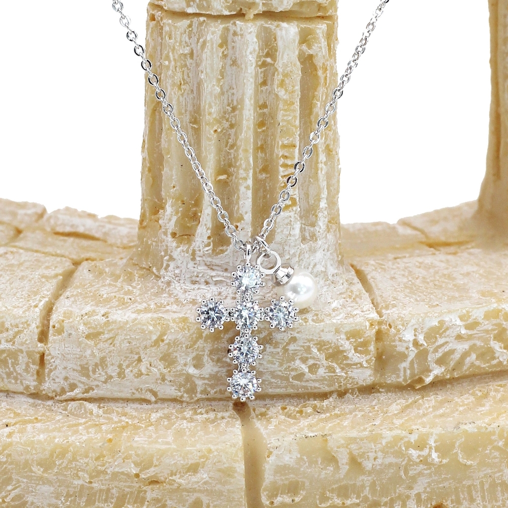 Sterling Silver mini cross crystal and pearl rose gold necklace